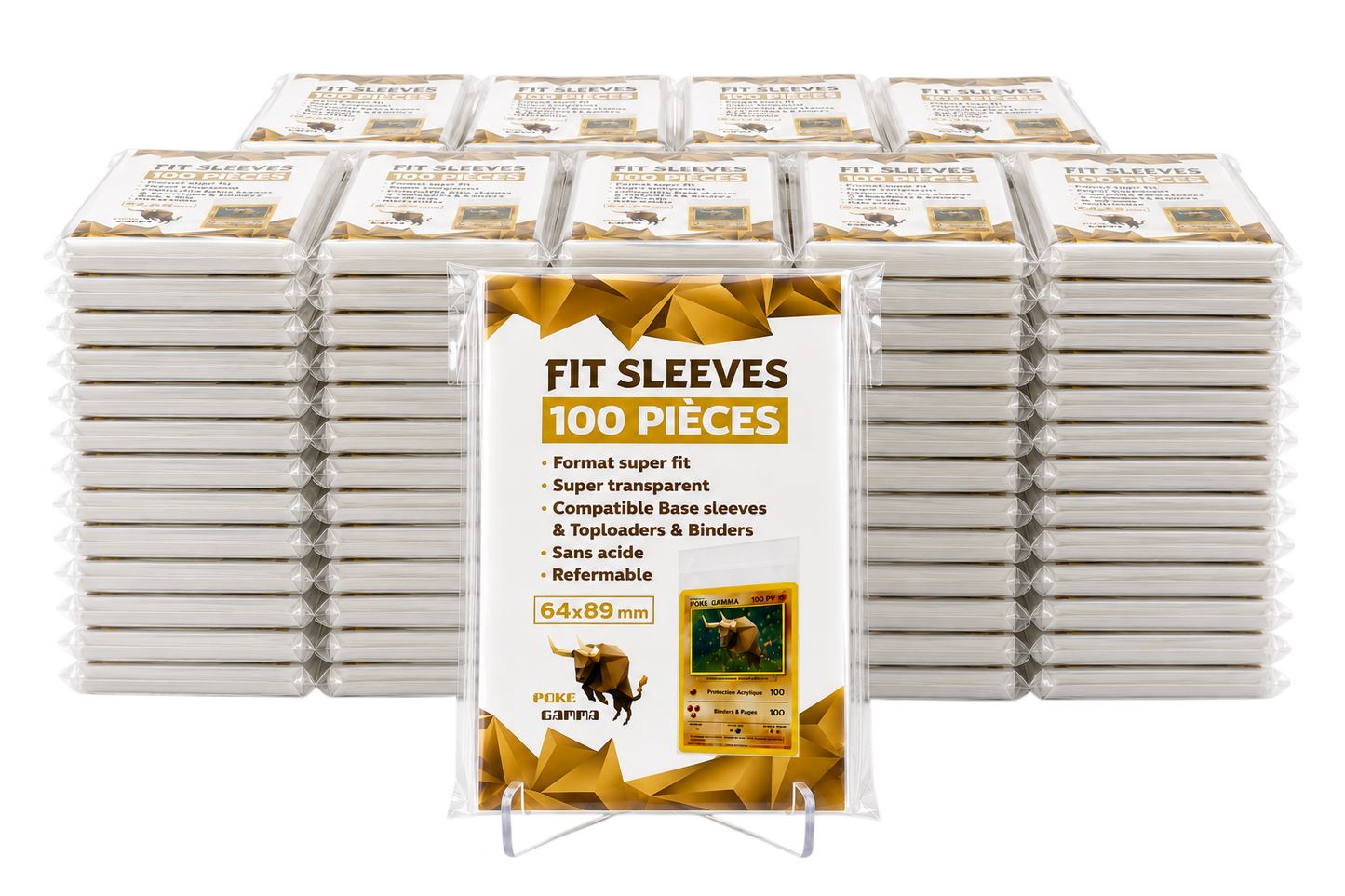 Pack 100 sleeves FIT format TCG standard 64x89mm - Languette refermable - Pokémon, Magic, Lorcana, One Piece...