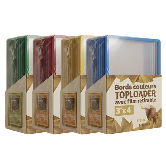 Lot de 25 toploaders PREMIUM bords couleur avec film à retirer pour cartes Pokémon