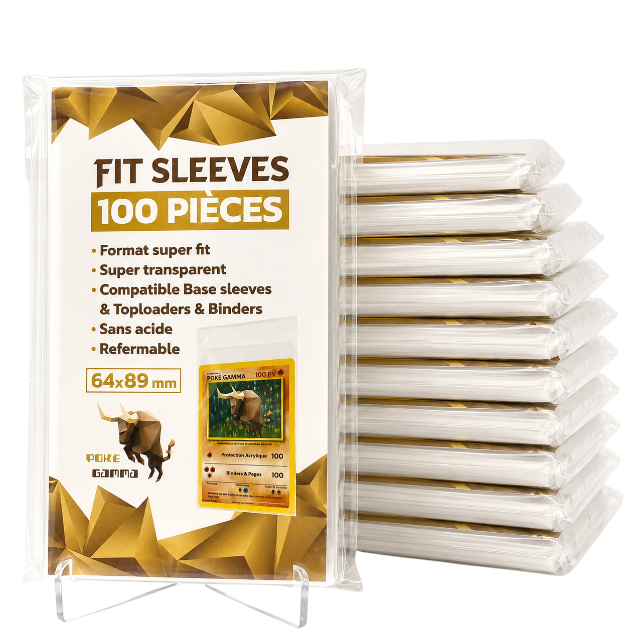 Pack 100 sleeves FIT format TCG standard 64x89mm - Languette refermable - Pokémon, Magic, Lorcana, One Piece...