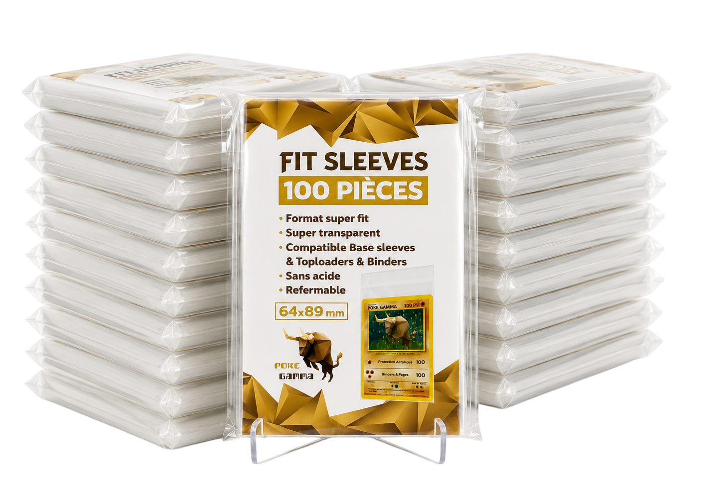 Pack 100 sleeves FIT format TCG standard 64x89mm - Languette refermable - Pokémon, Magic, Lorcana, One Piece...